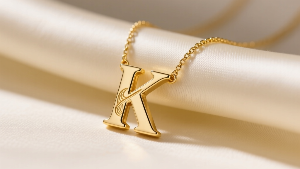 Close-up of a 14k yellow gold necklace with letter K pendant on cream silk, soft lighting highlighting the polished metal.