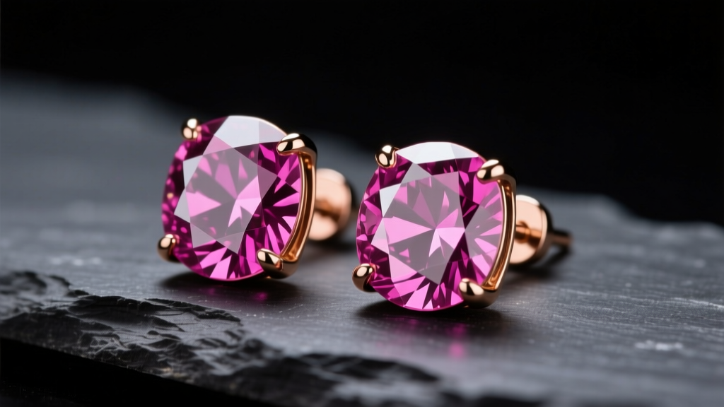 Close-up of rose gold pink sapphire stud earrings on dark slate, showing vivid magenta facets under bright studio lighting.