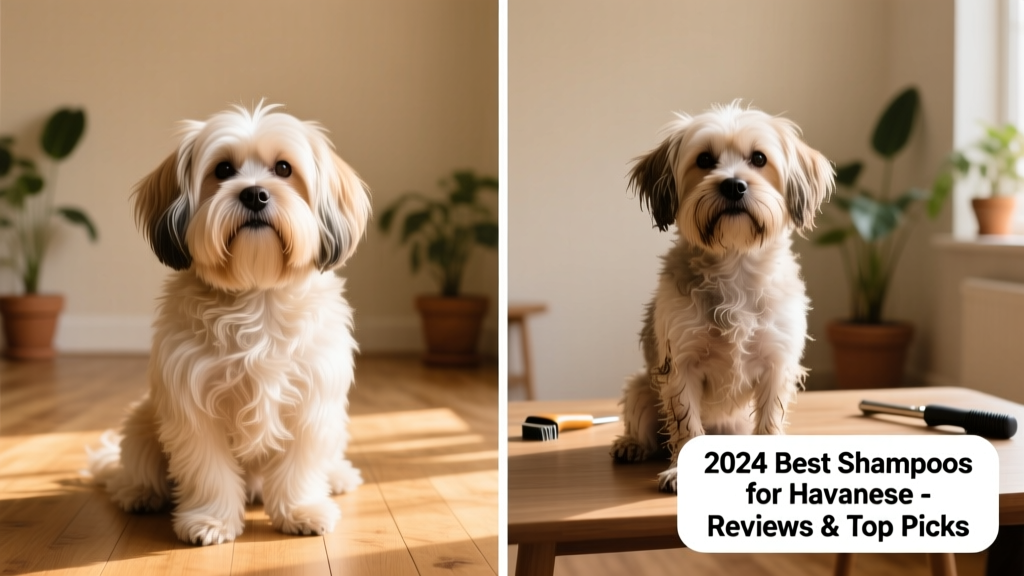 Side-by-side comparison of a well-brushed, shiny Havanese coat versus a slightly matted, dull coat—highlighting the impact of proper shampoo and grooming