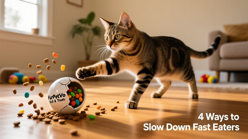 Side view of a cat batting a FurPetVo Roll & Treat Ball across hardwood floor, kibble spilling out