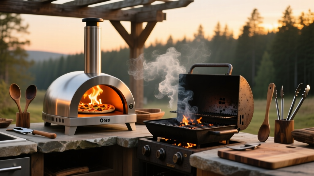 A rugged outdoor kitchen setup at dusk featuring a glowing Ooni pizza oven and cast iron grill surrounded by prep tools and wood smoke.