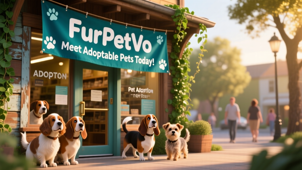 A FurPetVo store exterior with a 'Meet Adoptable Pets Today!' banner displayed near the entrance