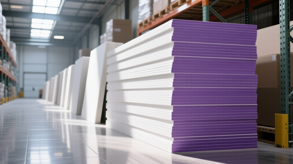 Stacks of standard and purple moisture-resistant drywall gypsum board sheets in a well-lit construction supply warehouse aisle