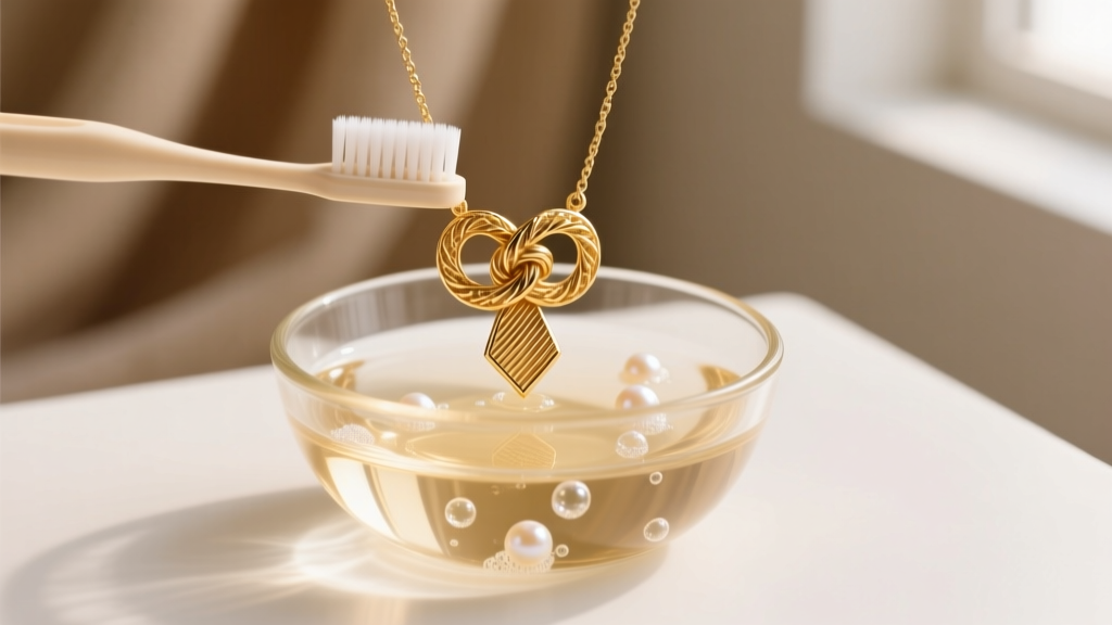 Soft toothbrush cleaning the central knot of a gold vermeil hart tie necklace inside a small glass bowl of warm soapy water.