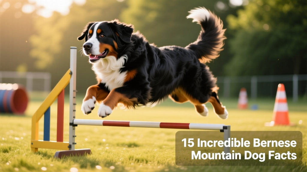 A Bernese Mountain Dog confidently navigating a low agility jump during a training session
