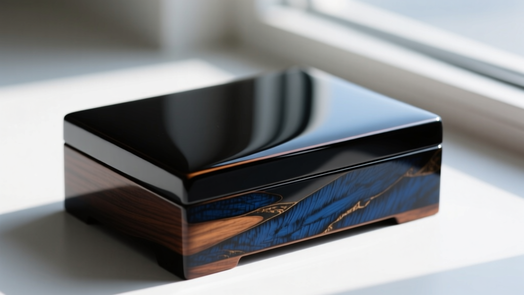 Glossy black Urushi lacquer finish on a wood jewelry box edge, showing a deep mirror-like reflection and rich texture.
