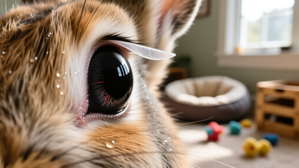 Close-up of a rabbit's eye showing its large, dark iris and translucent third eyelid