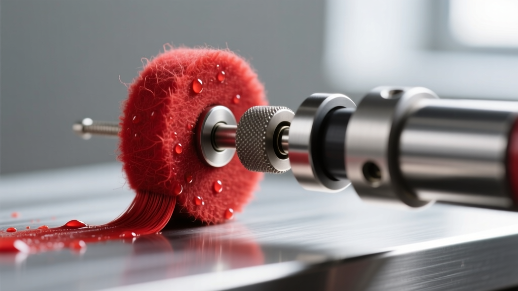 Macro shot of a rotary tool with a felt wheel applying red jeweler's rouge to a tarnished sterling silver belt buckle clasp
