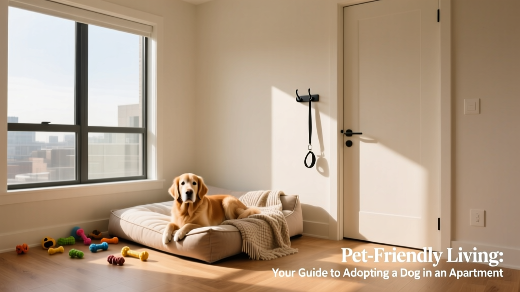 A clean, organized apartment with dog-friendly features: a cozy bed, chew toys, and a leash hook near the door