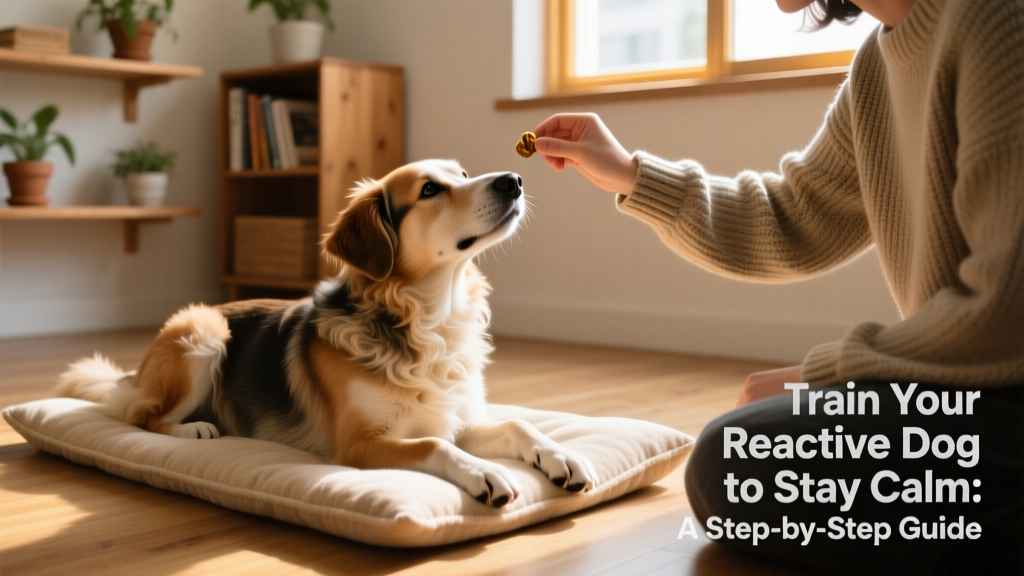 A relaxed dog resting on a soft mat indoors, gazing peacefully at its owner holding a treat