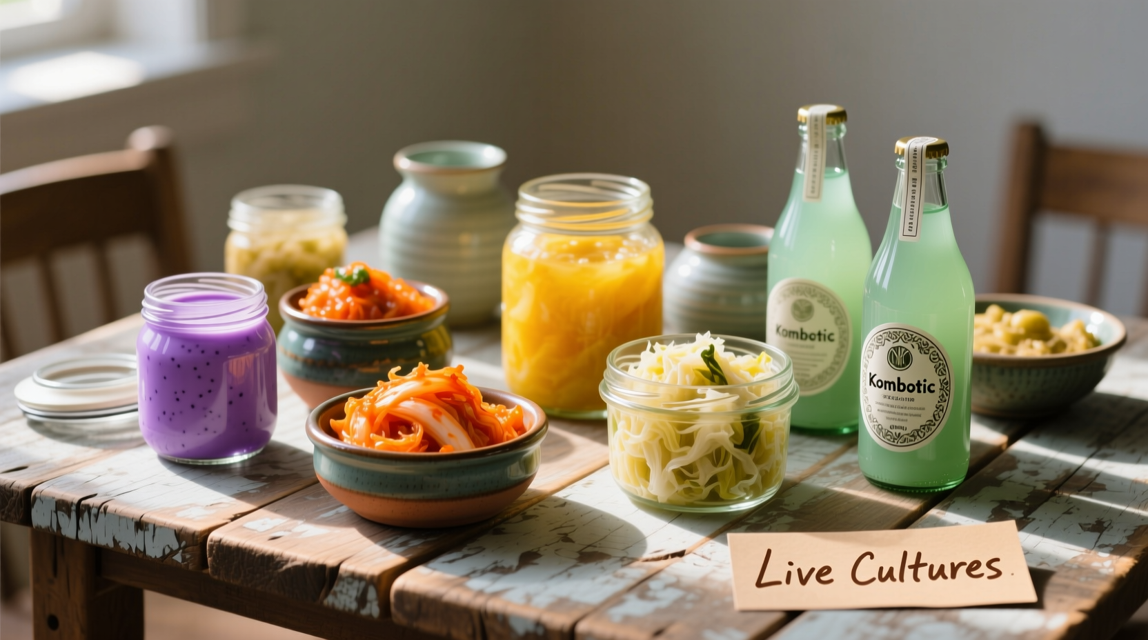 Colorful probiotic foods arranged on wooden table