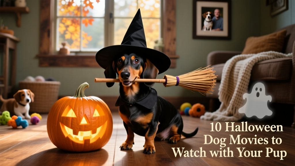 A costumed dachshund wearing a witch hat and holding a tiny broomstick, posing beside a glowing jack-o’-lantern