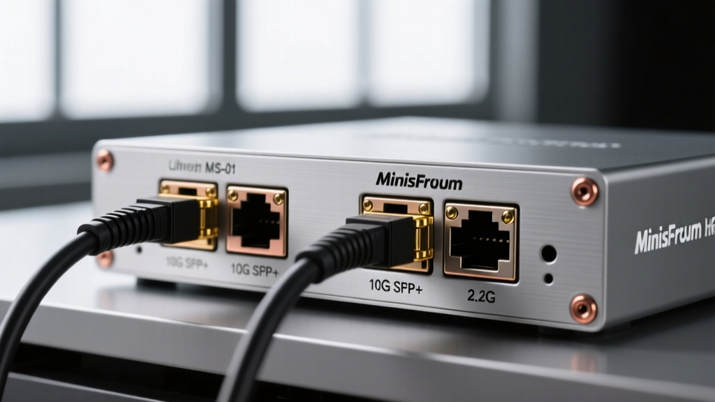 Close-up of the Minisforum MS-01 workstation rear IO panel showing dual 10G SFP+ ports and dual 2.5G Ethernet jacks connected to fiber cables.