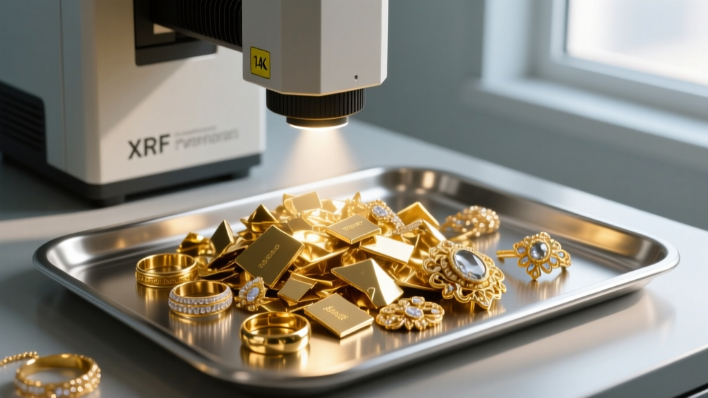 An X-ray fluorescence (XRF) precious metal analyzer scanning a pile of mixed karat gold scrap jewelry on a stainless steel tray.