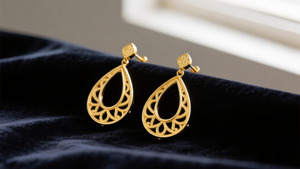 Macro photo of 1960s vintage creole earrings with textured 14k yellow gold and a teardrop silhouette resting on dark velvet fabric.