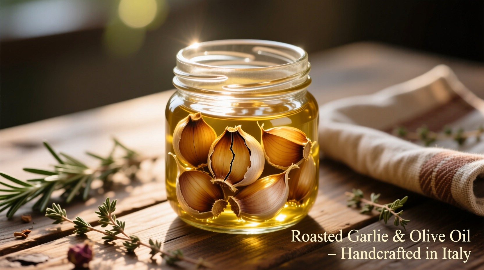 Roasted garlic cloves in glass jar with olive oil