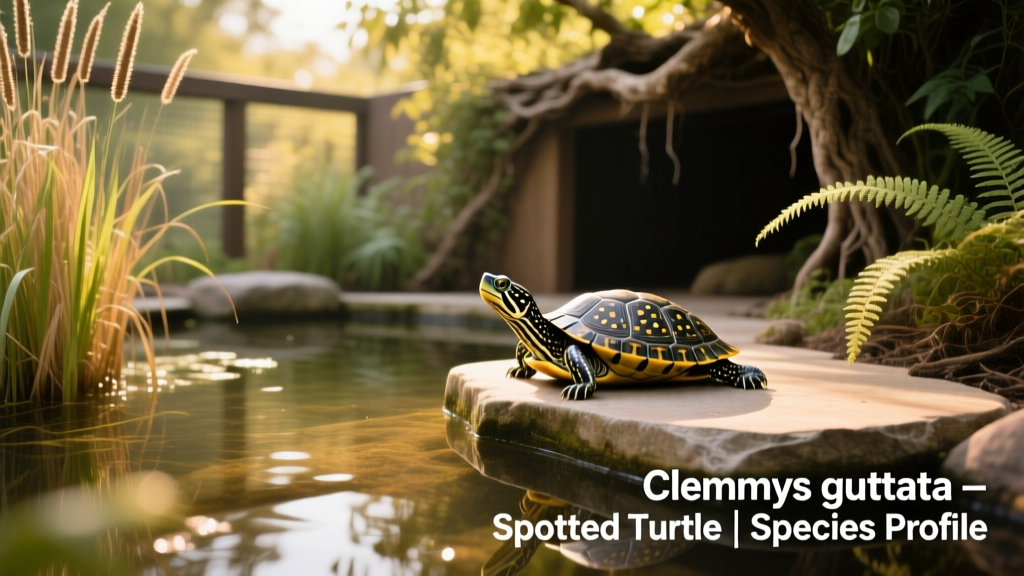 Well-structured outdoor enclosure for a spotted turtle, featuring shallow water, a sunlit basking platform, native plants, and shaded retreats