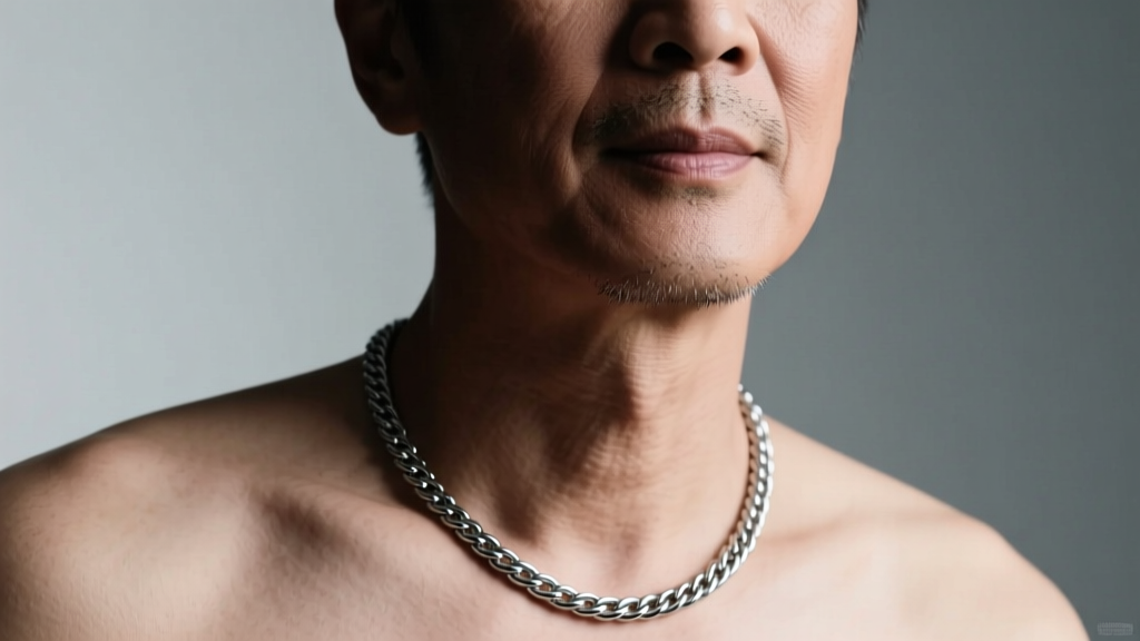 Close-up of a man wearing a minimalist 18-inch stainless steel cable chain resting on the collarbone, soft studio lighting