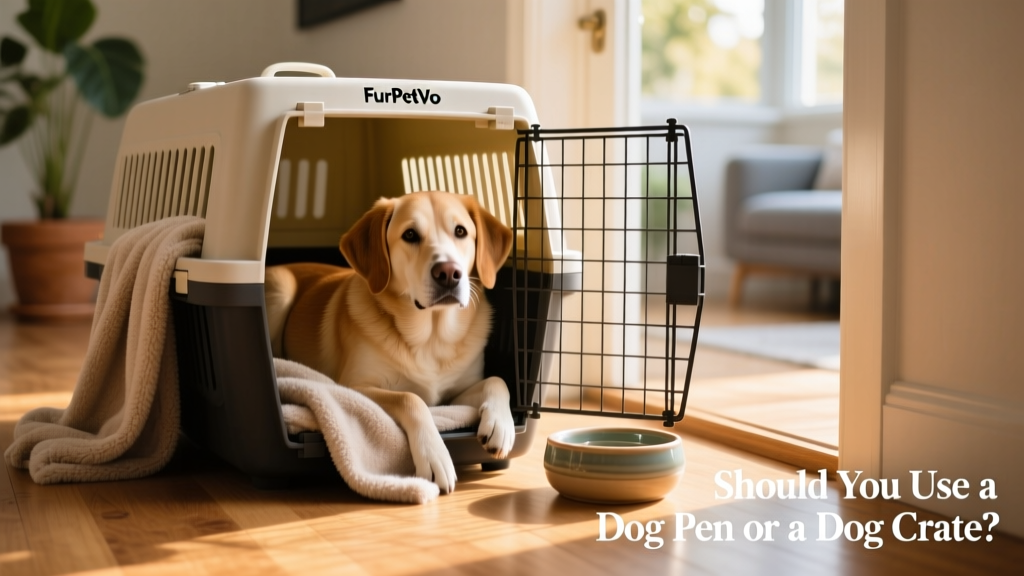 A relaxed adult dog lying calmly inside a well-ventilated, appropriately sized FurPetVo dog crate with a soft blanket and water bowl nearby