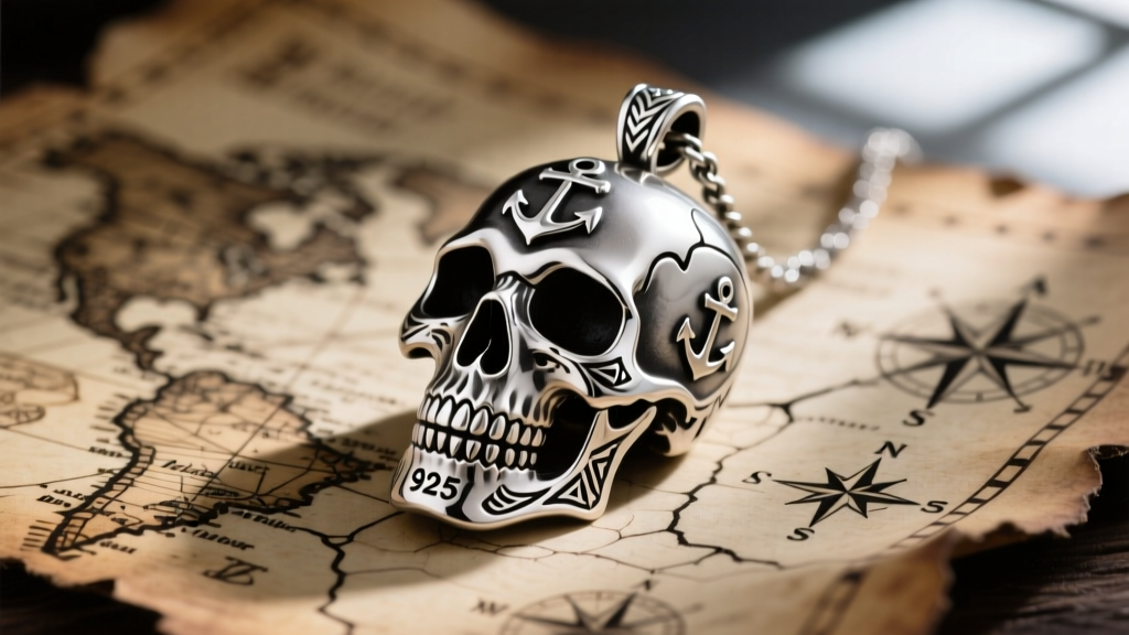 Close-up of a 925 sterling silver skull pendant inspired by Wind Waker pirate motifs on a weathered treasure map with soft lighting.
