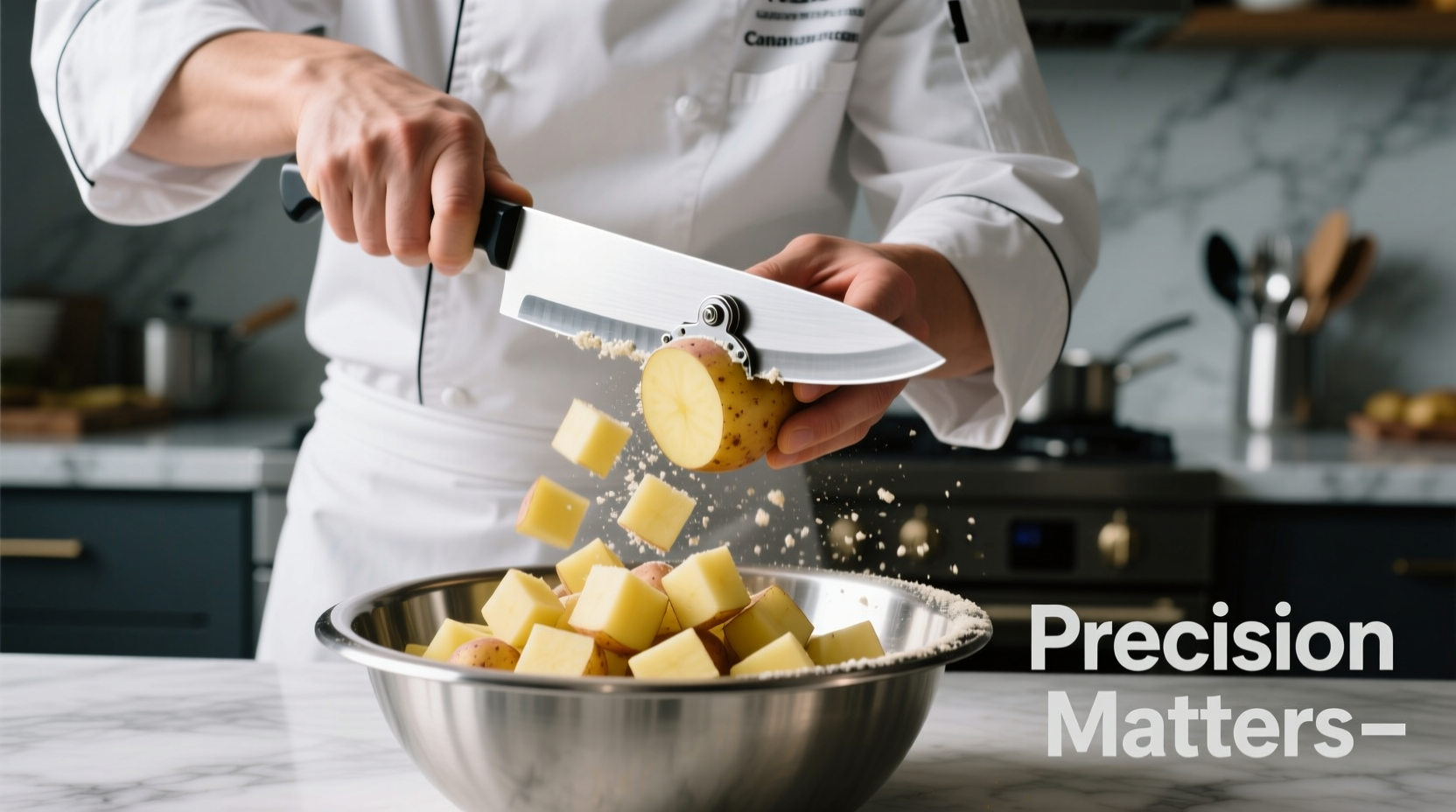 Chef using potato slayer to prepare uniform potato cubes