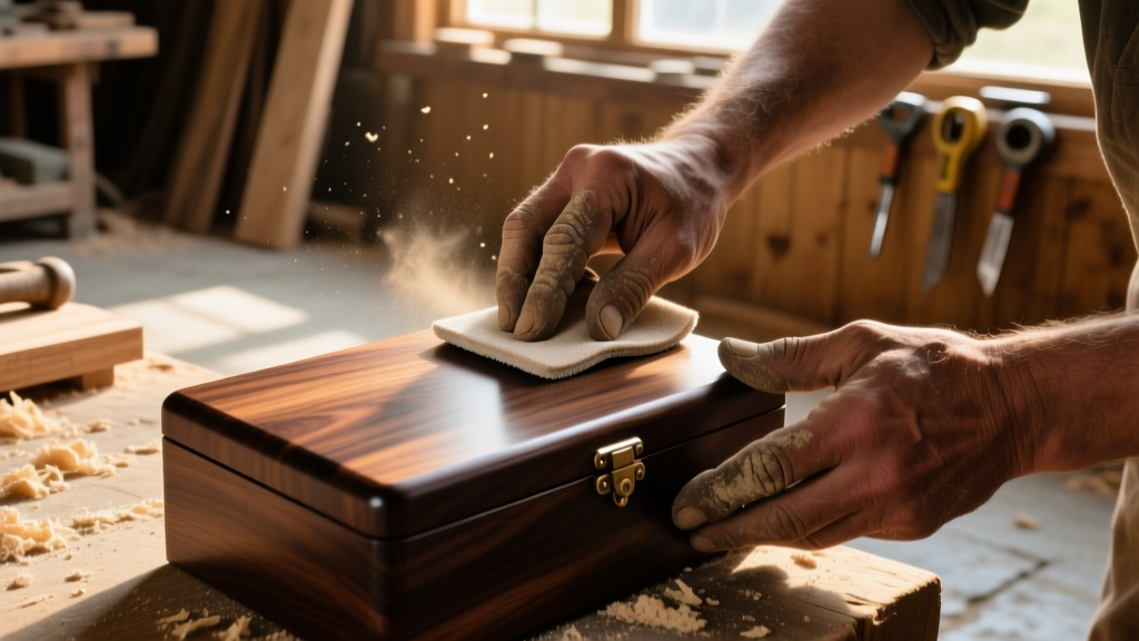 Close-up of hands using 220-grit sandpaper on a smooth, dark walnut DIY jewelry box lid in a sunlit, dusty woodworking shop.