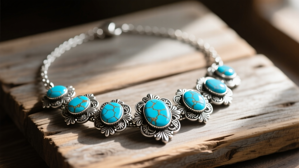 Vintage sterling silver squash blossom necklace with sky-blue Cerrillos turquoise stones resting on a rustic wooden display board.