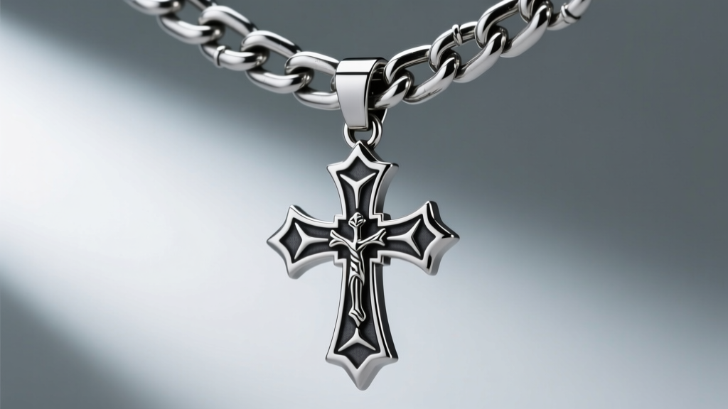 Thick 8mm stainless steel Cuban link chain with a laser-welded box clasp supporting a heavy 150-gram gothic cross metal pendant.