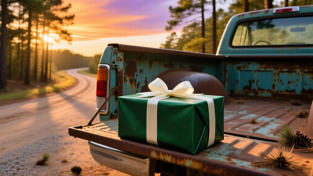 A wrapped gift box sitting on the tailgate of a pickup truck at sunset near a rural South Carolina pine forest road.