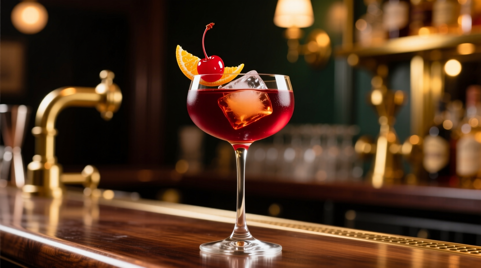 Classic Manhattan cocktail in a stemmed glass with cherry garnish