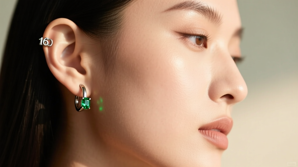 Side profile of a model wearing a 16-gauge titanium Toothless cartilage huggie earring with a small green peridot gemstone accent
