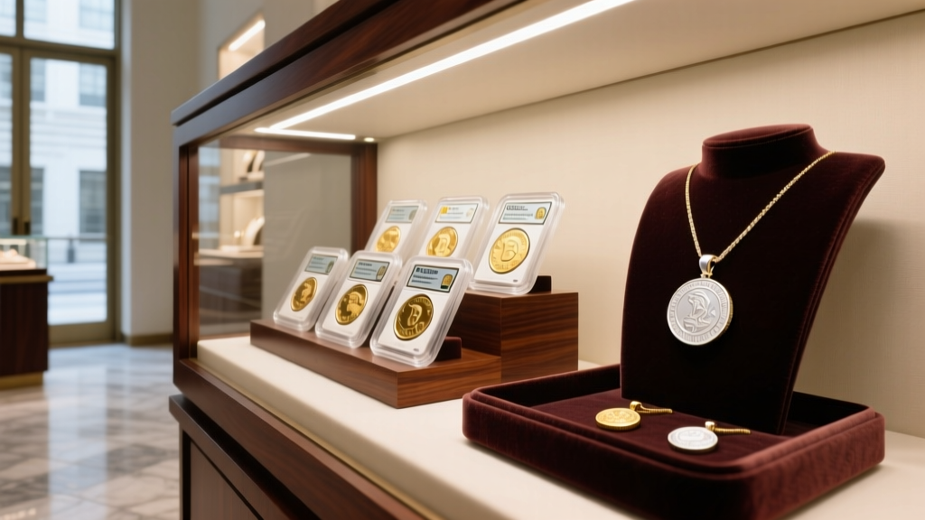 Mahogany display case showing PCGS slabbed gold coins next to 14k white gold numismatic pendants in a high-end jewelry shop.