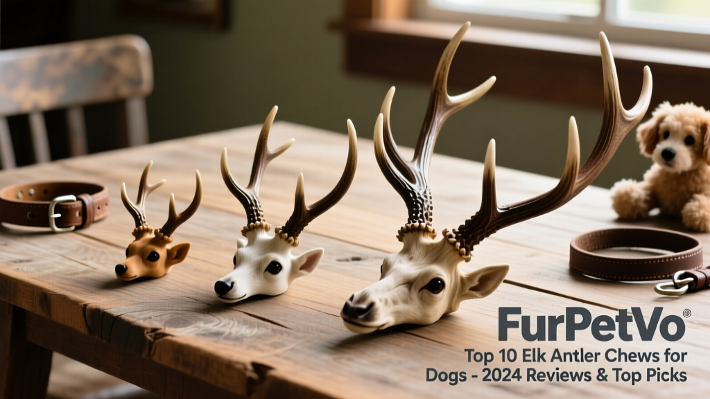 Side-by-side comparison of three FurPetVo elk antlers: small (for toy breeds), medium (for terriers and spaniels), and large (for retrievers and shepherds)