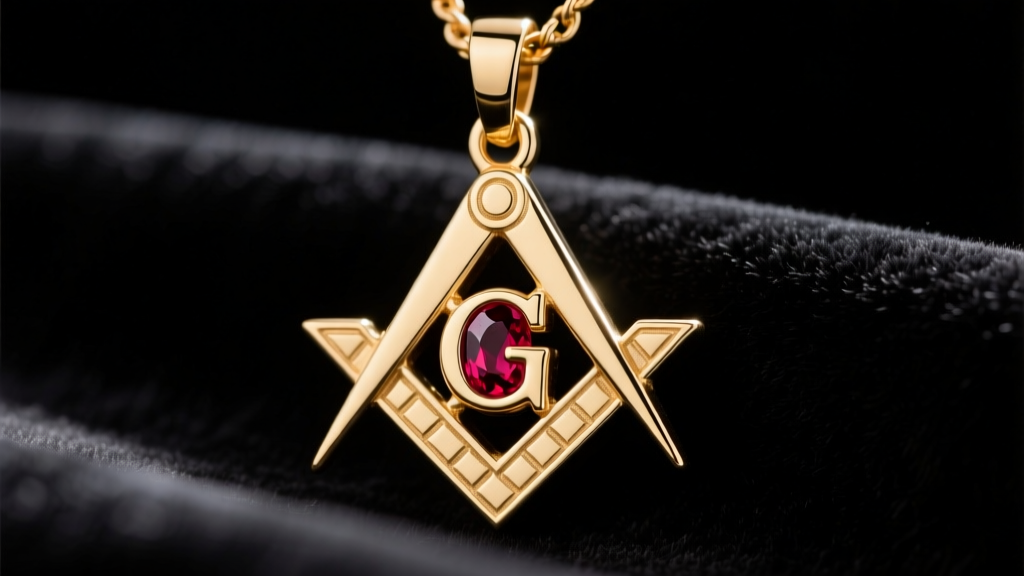 Close-up of a polished 14k gold Freemason necklace pendant featuring the Square and Compasses with a ruby G resting on dark velvet.