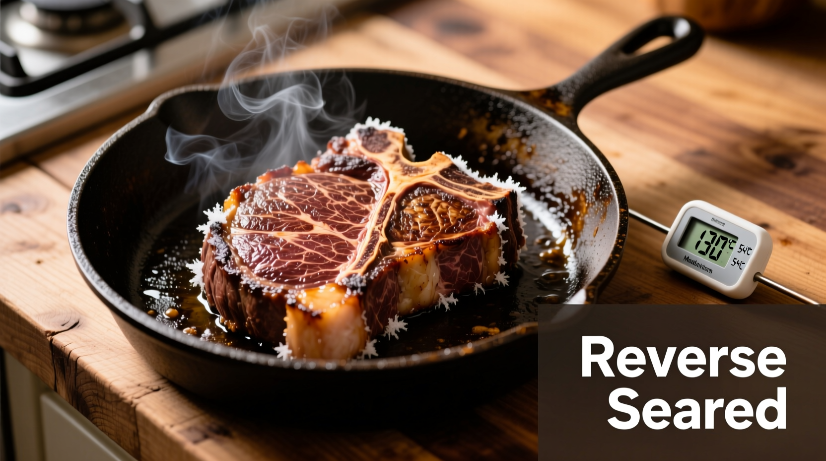 Reverse searing frozen steak in cast iron skillet