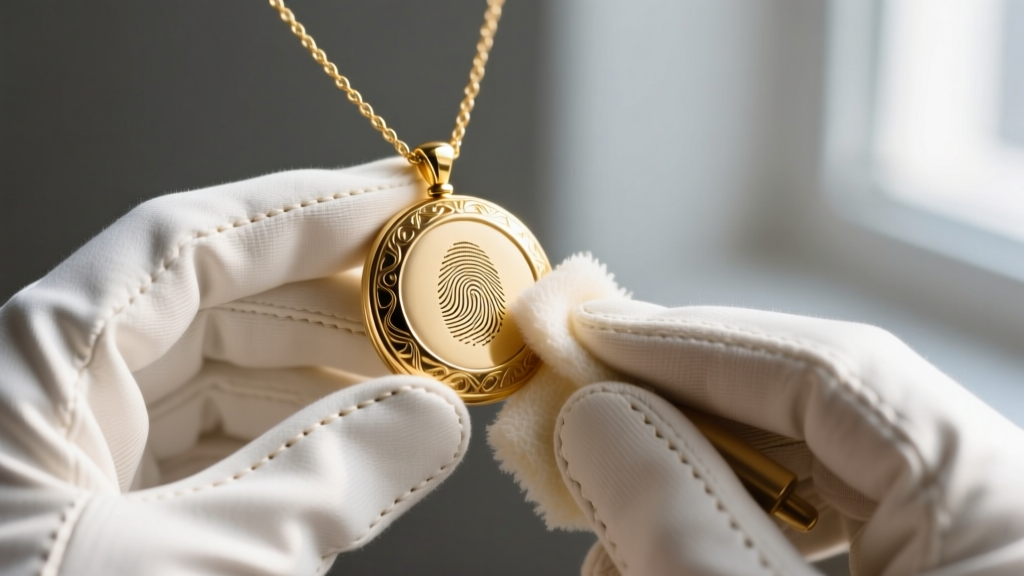 Gloved hands using a microfiber cloth to gently polish the bezel of a vintage fingerprint engraved gold keepsake necklace.
