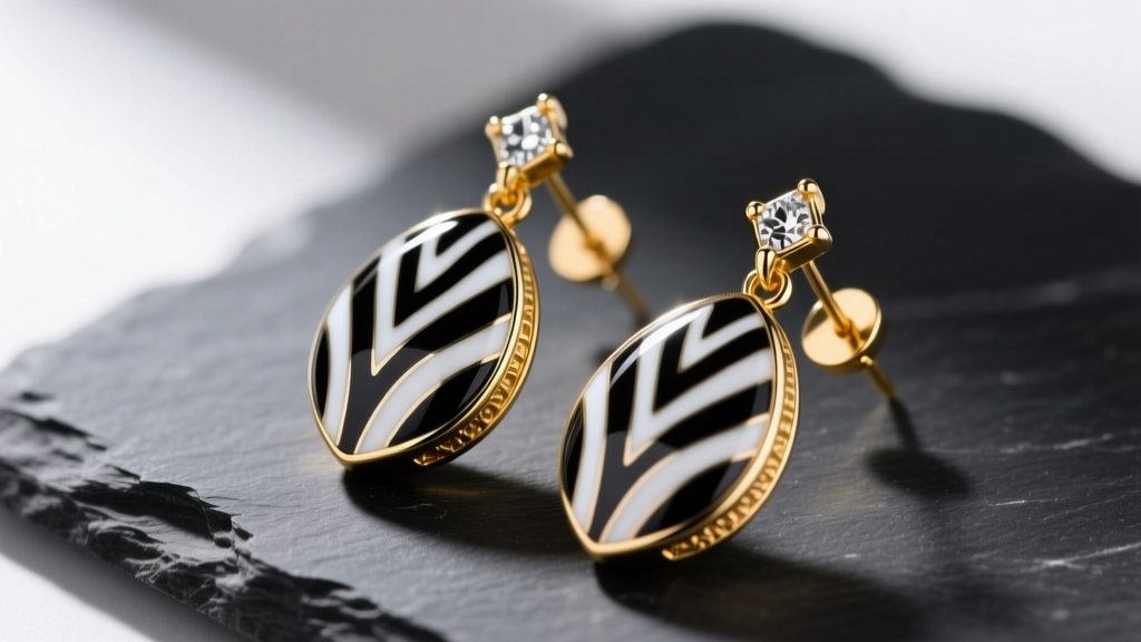 Macro shot of high-end zebra print vitreous enamel drop earrings with 18k gold vermeil settings resting on dark slate stone