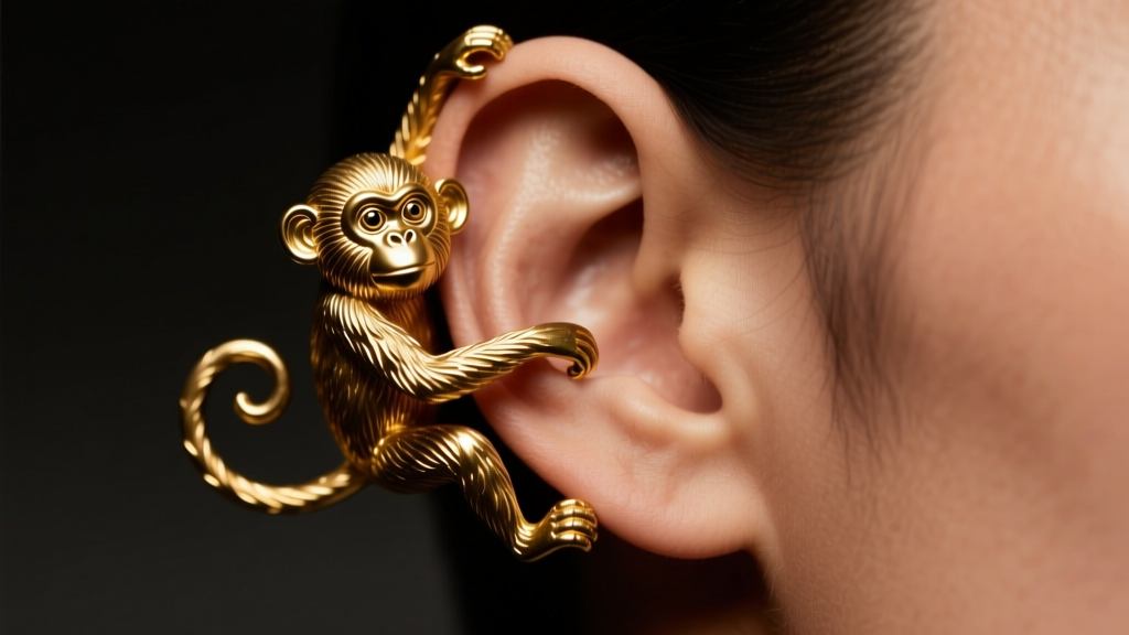 Close-up of an ear wearing a surrealist brass ear cuff shaped like a golden monkey, photographed in warm, moody studio lighting.