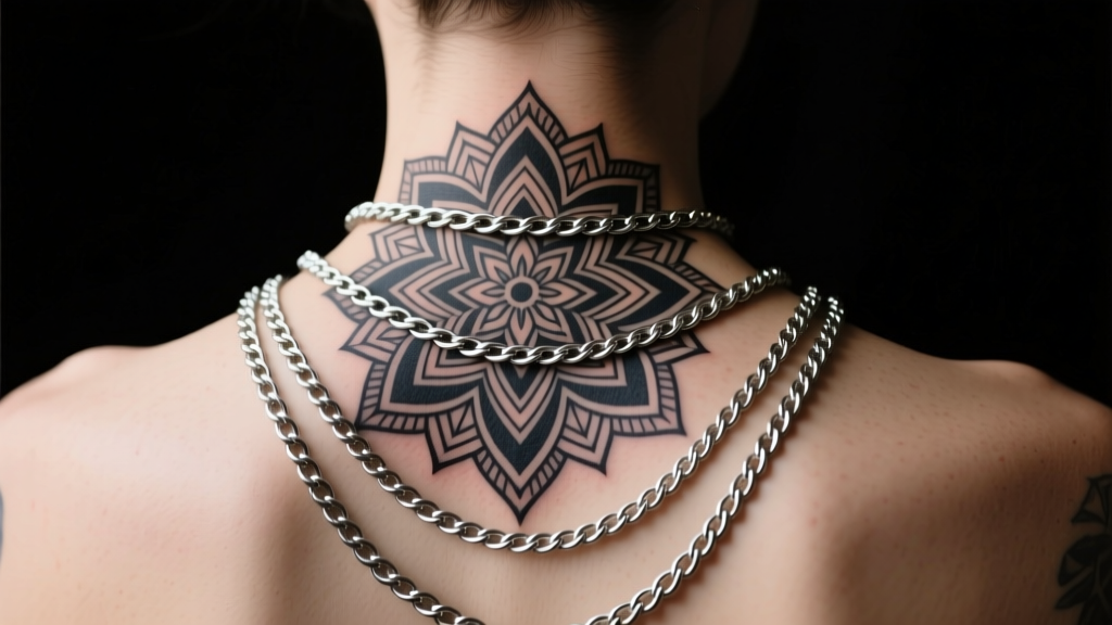 Back view of intricate mandala nape tattoo styled with layered 16-inch and 18-inch silver rope chains against a dark background