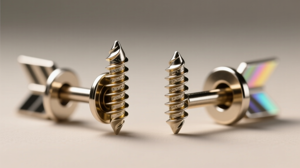 Macro photo comparing threading types on arrow earring posts, focusing closely on the screw pitch and polished metal finish.
