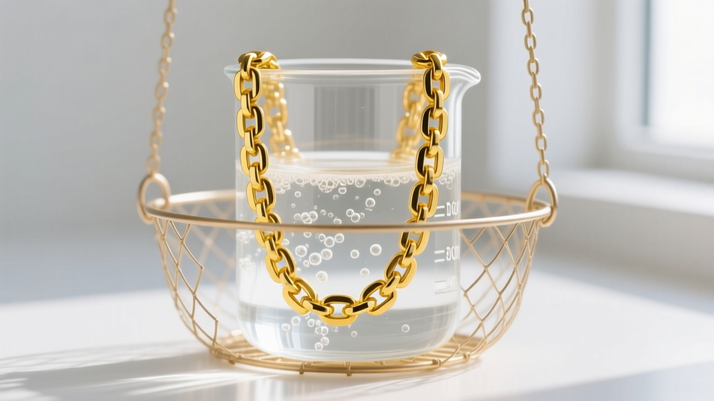 Coiled 30-inch yellow gold Figaro chain inside a mesh basket submerged in a glass beaker of mild ultrasonic cleaning solution