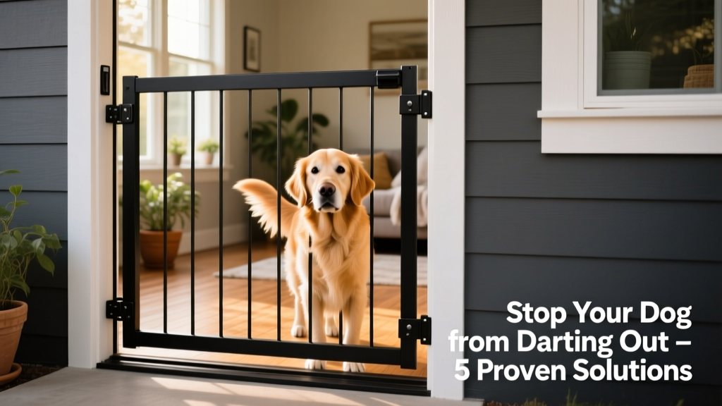 Black steel dog gate installed in a home doorway, blocking access to the front entrance