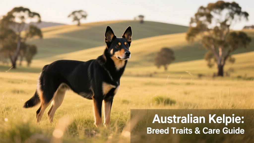 Australian Kelpie standing alert in open pasture, ready to work