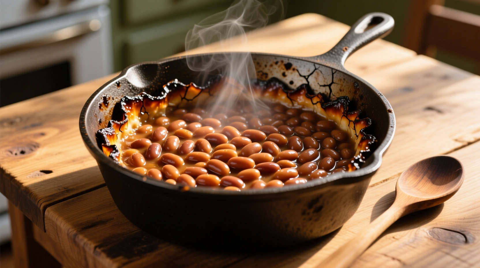 Homemade baked beans in cast iron pot with caramelized edges