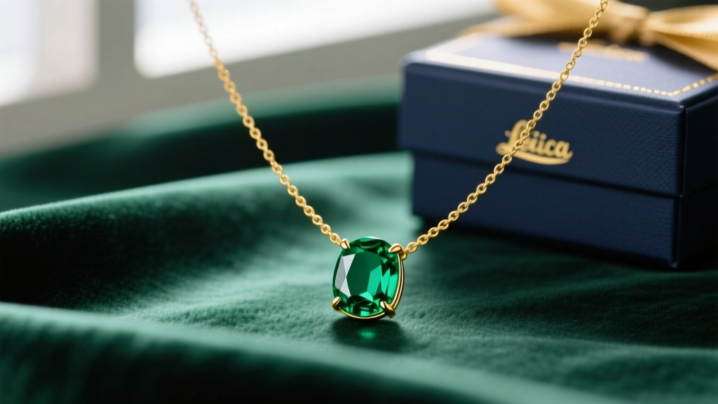 Elegant 18k yellow gold and cabochon emerald necklace on dark green velvet, soft lighting, luxury gift box in blurred background.