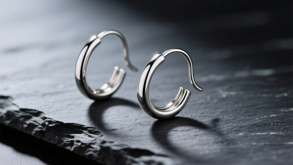 Close-up of 20-gauge sterling silver French hook earrings on dark slate, soft directional light highlighting the wire curve and tension.