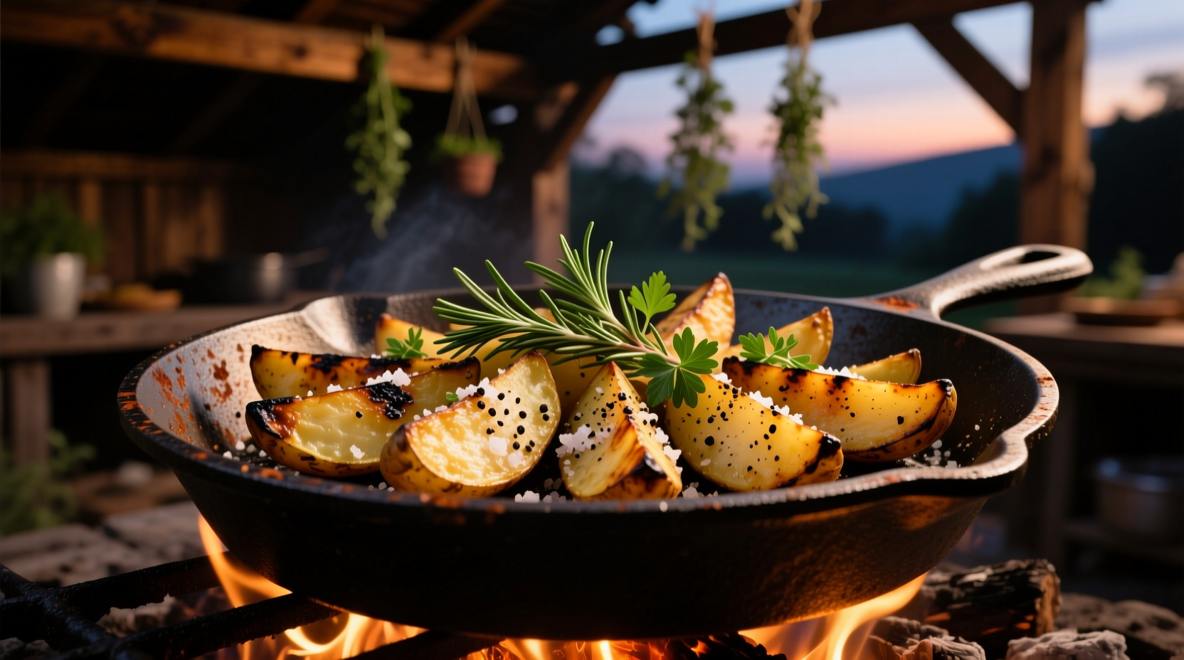 Grilled potato wedges with herb garnish on cast iron