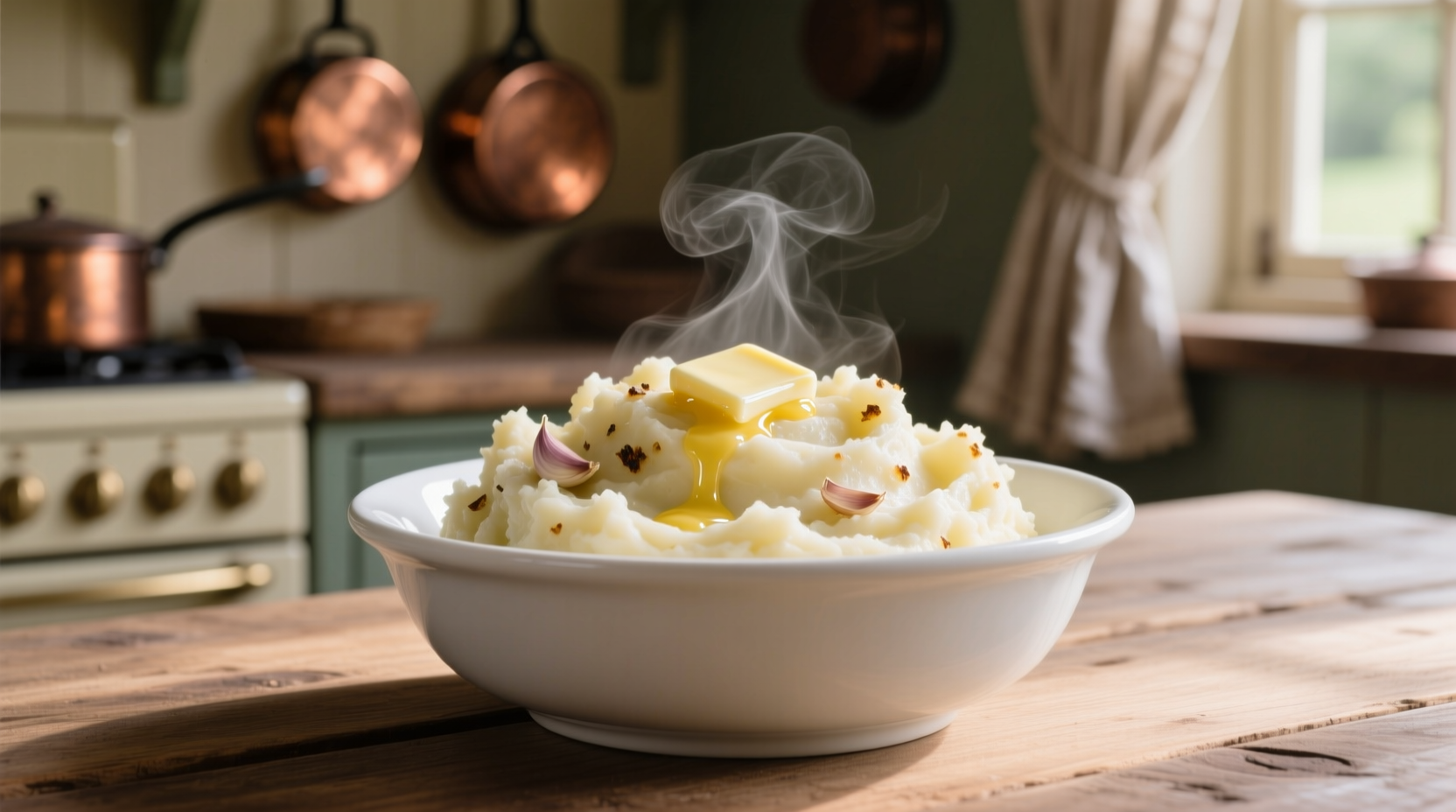 Creamy garlic mashed potatoes in white bowl