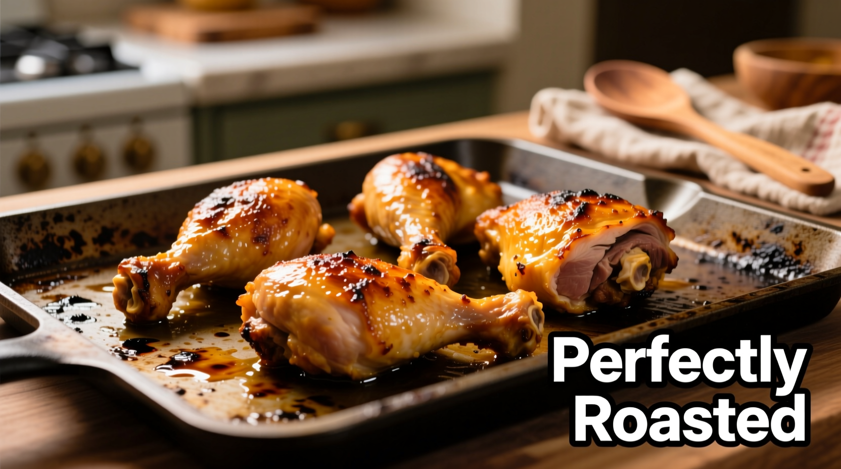 Perfectly cooked golden chicken thighs on baking sheet