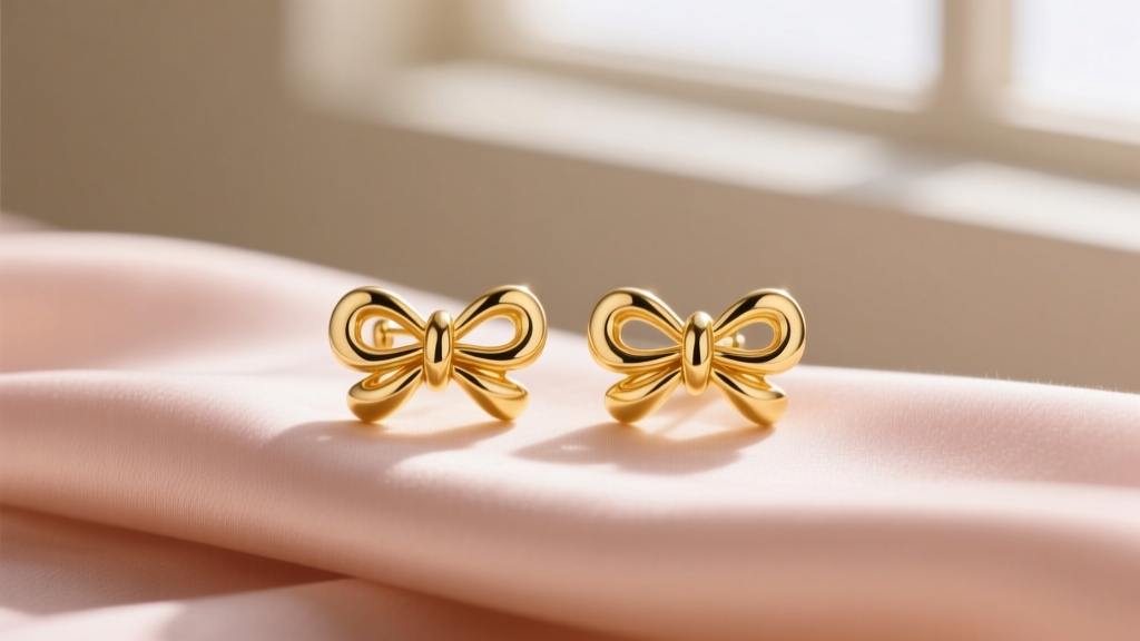 14k yellow gold bow earrings on blush silk, soft lighting highlighting the polished metal finish and delicate knot details.